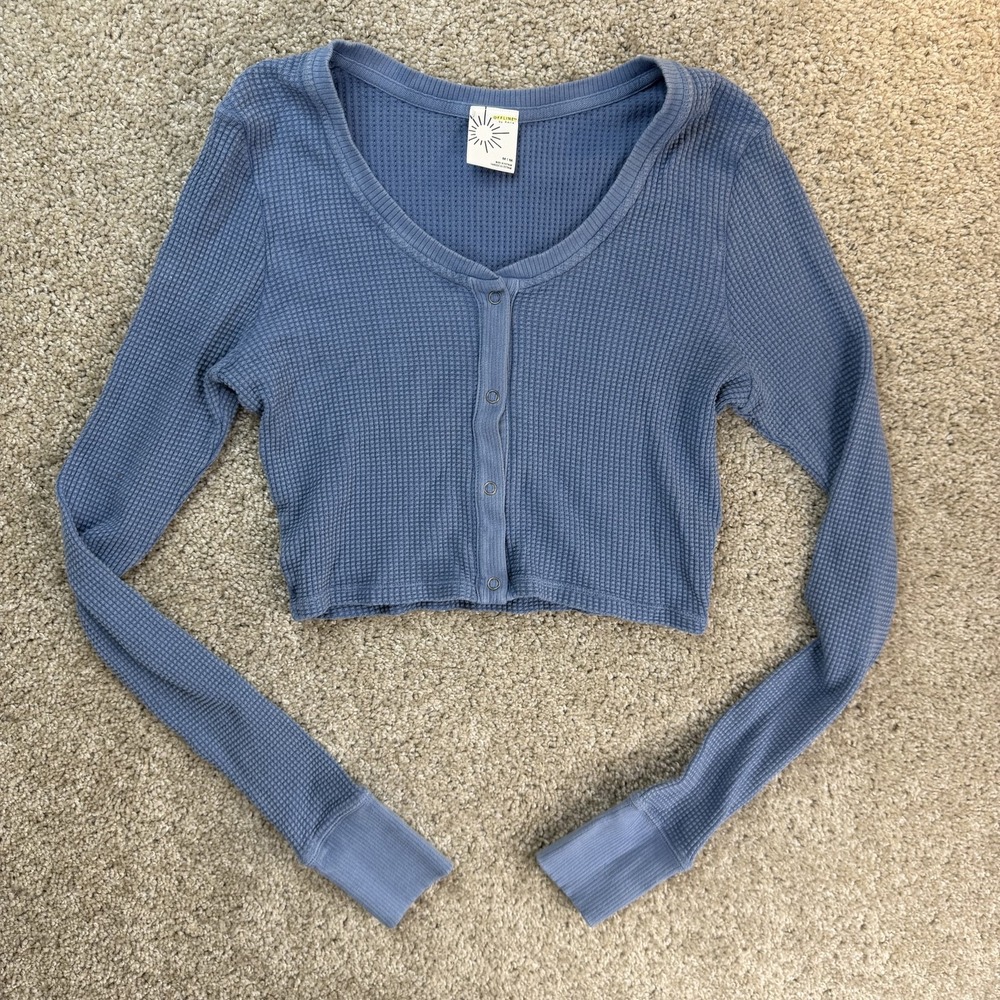 OFFLINE By Aerie Shirt Womens M Blue Waffle Knit Cropped Long Sleeve Snap Front